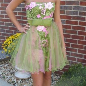 Sherri Hill Pink/Green Flower Lace Dress with detachable tulle skirt